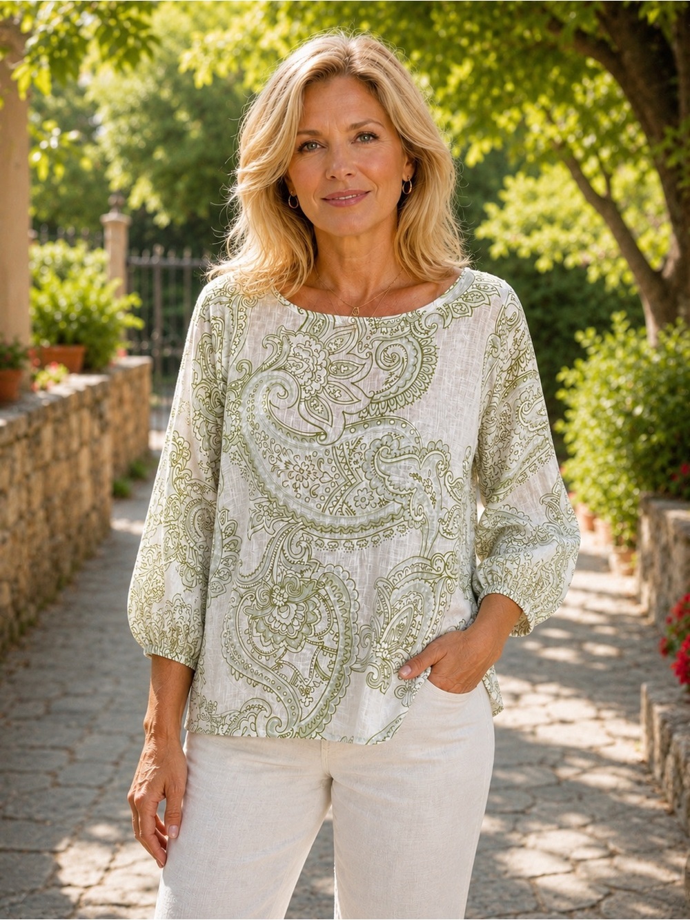 Rachel Zoe White/ Sage Green Paisley Linen Boxy Blouse Top, XL, Coastal Beachy